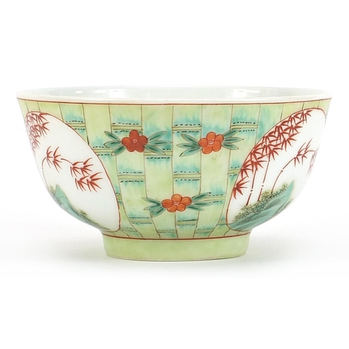 281 - Chinese porcelain bowl hand painted with panels of bamboo groves onto a faux bamboo ground, six figu... 