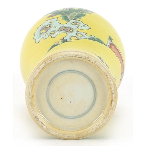 1193 - Chinese yellow ground porcelain baluster vase hand painted in the famille verte palette with an empe... 