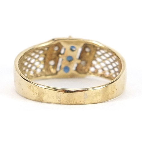 1917 - 9ct gold sapphire and diamond pierced ring, size P, 2.0g