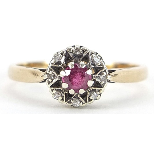 1924 - 9ct gold ruby and diamond ring, size P, 2.5g