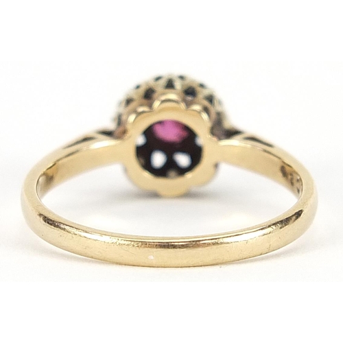 1924 - 9ct gold ruby and diamond ring, size P, 2.5g