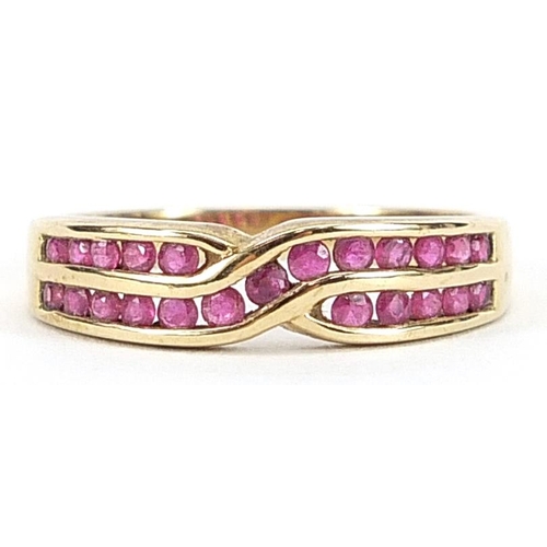 2022 - 9ct gold ruby crossover half eternity ring, size O, 2.2g