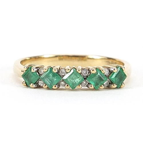 2017 - 9ct gold emerald and diamond half eternity ring, size Q, 2.4g