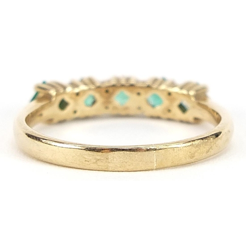 2017 - 9ct gold emerald and diamond half eternity ring, size Q, 2.4g