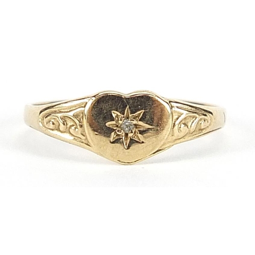 2092 - 9ct gold diamond love heart signet ring with engraved shoulders, size F, 0.9g