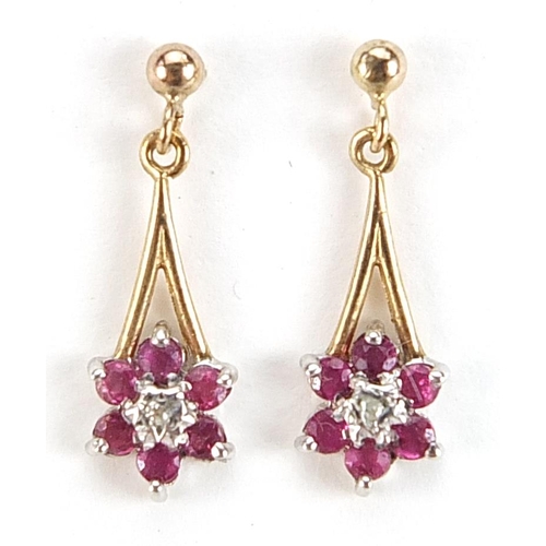 2050 - Pair of 9ct gold ruby and diamond drop earrings, 2cm high, 1.3g