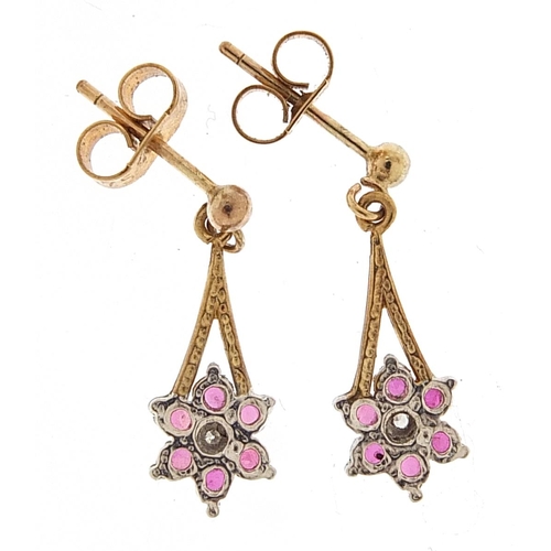 2050 - Pair of 9ct gold ruby and diamond drop earrings, 2cm high, 1.3g