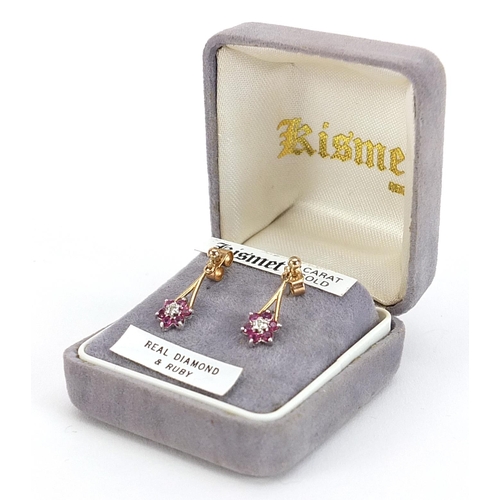 2050 - Pair of 9ct gold ruby and diamond drop earrings, 2cm high, 1.3g