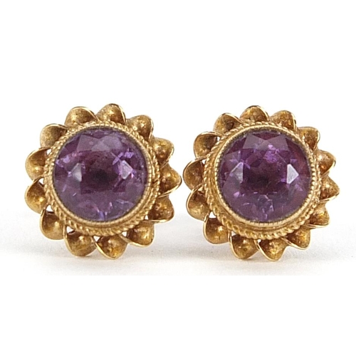 1901 - Pair of 9ct gold amethyst solitaire stud earrings, 10mm in diameter, 2.1g