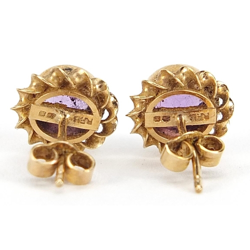 1901 - Pair of 9ct gold amethyst solitaire stud earrings, 10mm in diameter, 2.1g