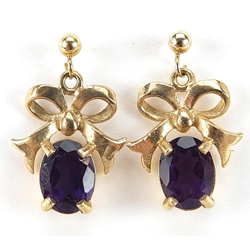 1978 - Pair of 9ct gold amethyst bow design drop earrings, 2cm high, 2.1g