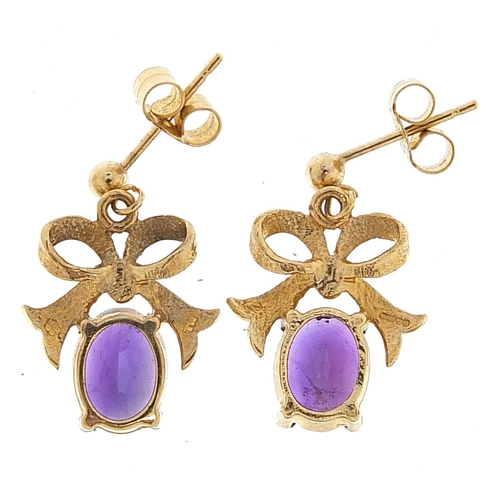 1978 - Pair of 9ct gold amethyst bow design drop earrings, 2cm high, 2.1g