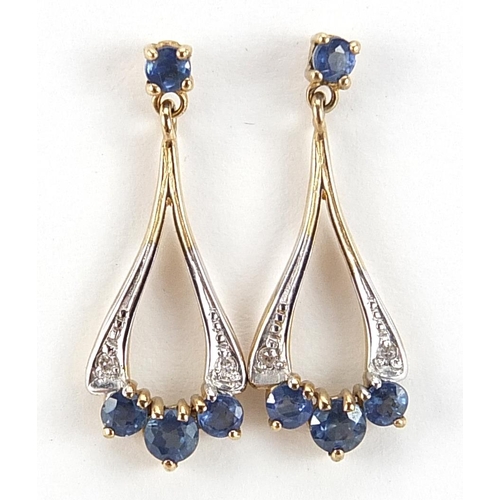 2028 - Pair of 9ct gold diamond and sapphire drop earrings, 2.2cm high, 1.8g