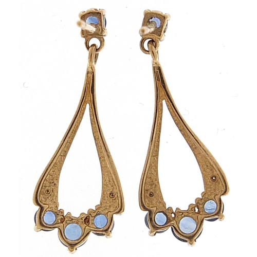 2028 - Pair of 9ct gold diamond and sapphire drop earrings, 2.2cm high, 1.8g