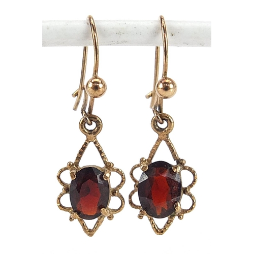 1964 - Pair of 9ct gold garnet drop earrings, 2.8cm high, 1.6g