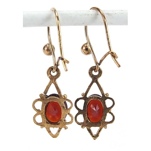 1964 - Pair of 9ct gold garnet drop earrings, 2.8cm high, 1.6g