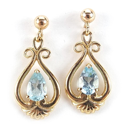 1887 - Pair of 9ct gold aquamarine drop earrings, 2.2cm high, 1.9g