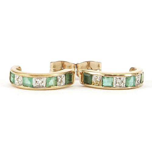 1962 - Pair of 9ct gold emerald and diamond half hoop earrings, 12mm high, 1.4g