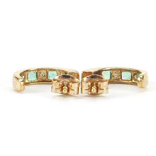 1962 - Pair of 9ct gold emerald and diamond half hoop earrings, 12mm high, 1.4g