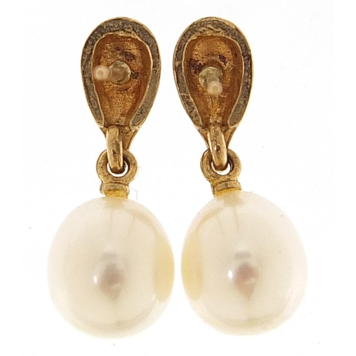 1966 - Pair of 9ct gold cultured pearl drop earrings, 2.8cm high, 2.3g