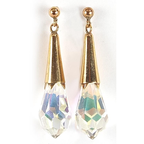 2085 - Pair of 9ct gold crystal drop earrings, 3cm high, 3.3g