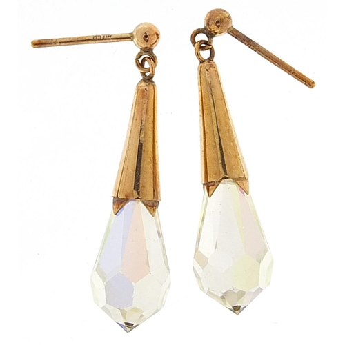 2085 - Pair of 9ct gold crystal drop earrings, 3cm high, 3.3g