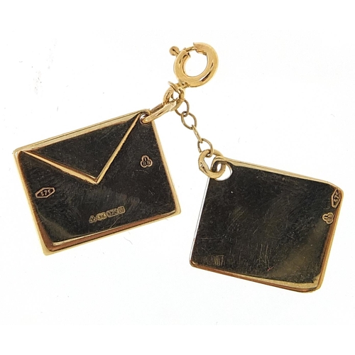 1993 - 9ct gold I love you and Forever envelope and letter charm, 1.4cm wide, 2.0g