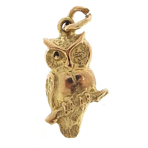 2020 - 9ct gold owl charm, 1.6cm high, 1.3g