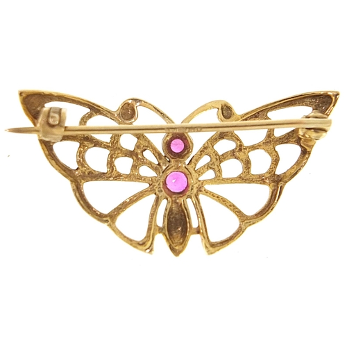 1771 - 9ct gold and ruby butterfly brooch, 3.2cm wide, 2.9g