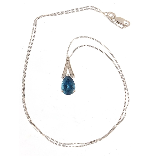 1851 - 9ct white gold blue topaz and diamond tear drop pendant on a 9ct white gold necklace, 1.8cm high and... 