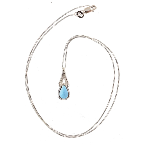 1851 - 9ct white gold blue topaz and diamond tear drop pendant on a 9ct white gold necklace, 1.8cm high and... 