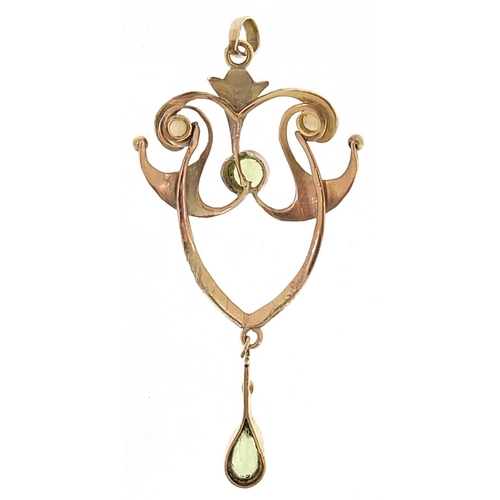 1783 - Art Nouveau 9ct gold peridot and seed pearl pendant, 5cm high, 2.3g