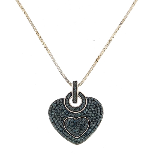 1856 - Silver blue diamond love heart pendant on a silver necklace, 2.5cm high and 46cm in length, 8.7g