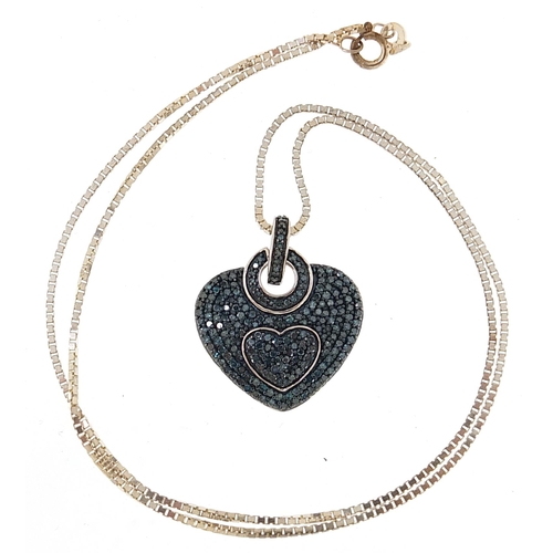 1856 - Silver blue diamond love heart pendant on a silver necklace, 2.5cm high and 46cm in length, 8.7g