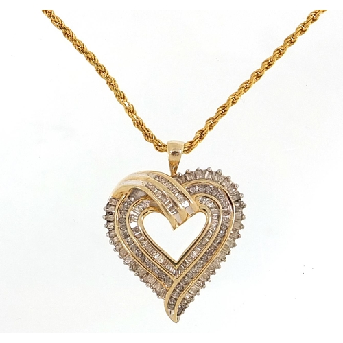 2171 - Silver gilt diamond love heart pendant on a silver gilt necklace, 3.2cm high and 44cm in length, 10.... 