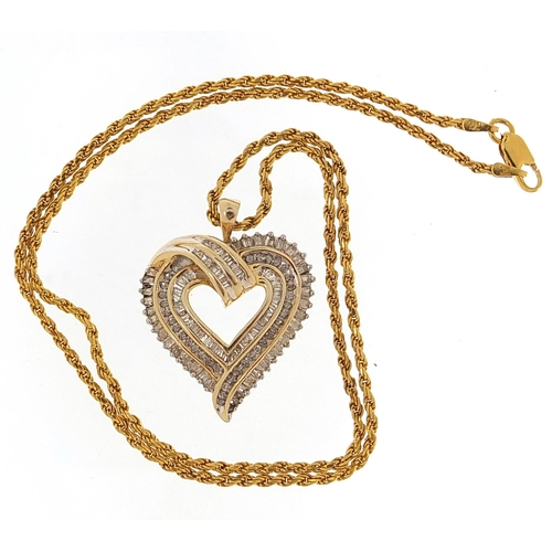 2171 - Silver gilt diamond love heart pendant on a silver gilt necklace, 3.2cm high and 44cm in length, 10.... 