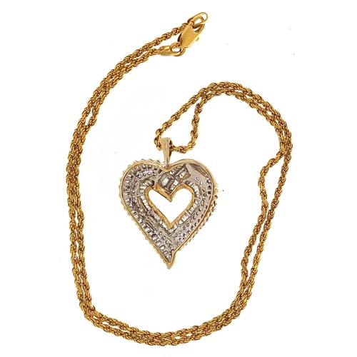 2171 - Silver gilt diamond love heart pendant on a silver gilt necklace, 3.2cm high and 44cm in length, 10.... 