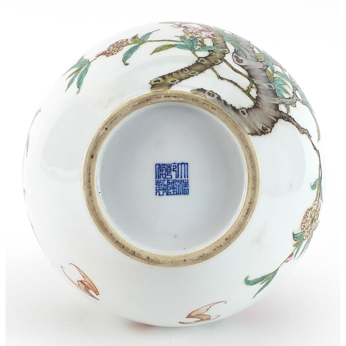 342 - Chinese porcelain vase hand painted with bats amongst peach trees, six figure character marks to the... 