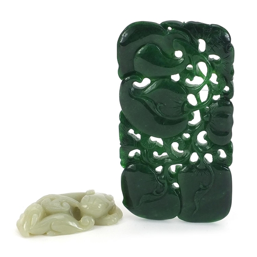 1282 - Large Chinese green jade pendant carved with fruit and a celadon jade carving of two mythical animal... 