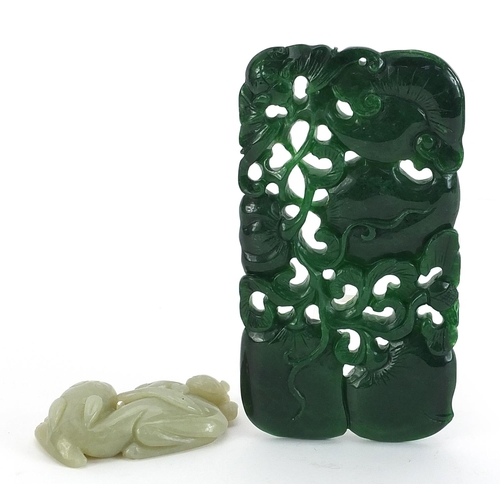 1282 - Large Chinese green jade pendant carved with fruit and a celadon jade carving of two mythical animal... 