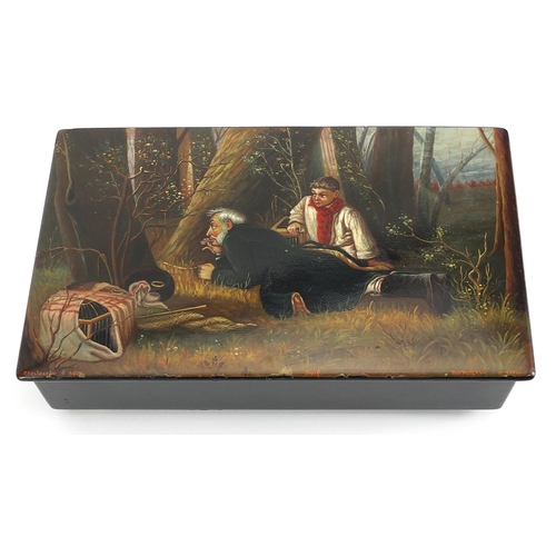 383 - 19th century Russian lacquered box hand painted with bird catchers in a forest after a painting by V... 