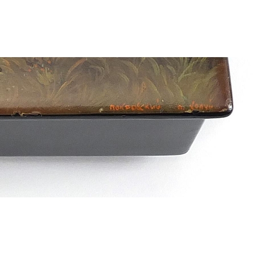 383 - 19th century Russian lacquered box hand painted with bird catchers in a forest after a painting by V... 