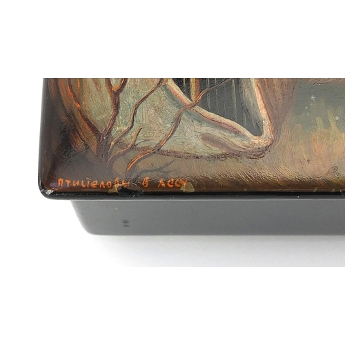 383 - 19th century Russian lacquered box hand painted with bird catchers in a forest after a painting by V... 