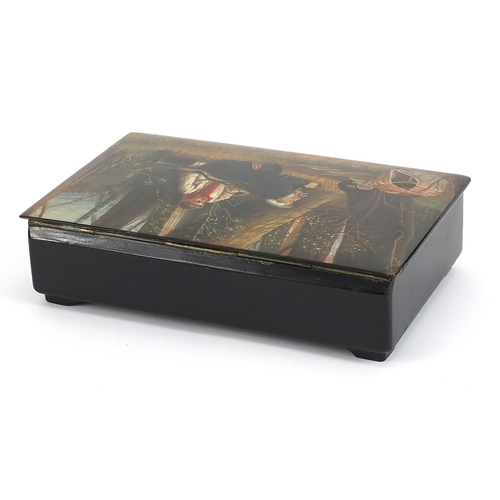 383 - 19th century Russian lacquered box hand painted with bird catchers in a forest after a painting by V... 