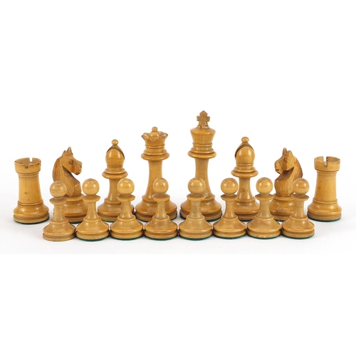 1366 - Manner of Jaques, Staunton pattern boxwood and ebony chess set with weighted bases, the largest piec... 