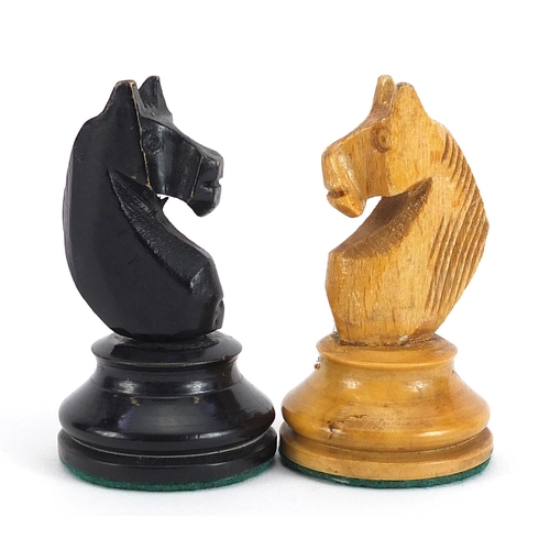 1366 - Manner of Jaques, Staunton pattern boxwood and ebony chess set with weighted bases, the largest piec... 