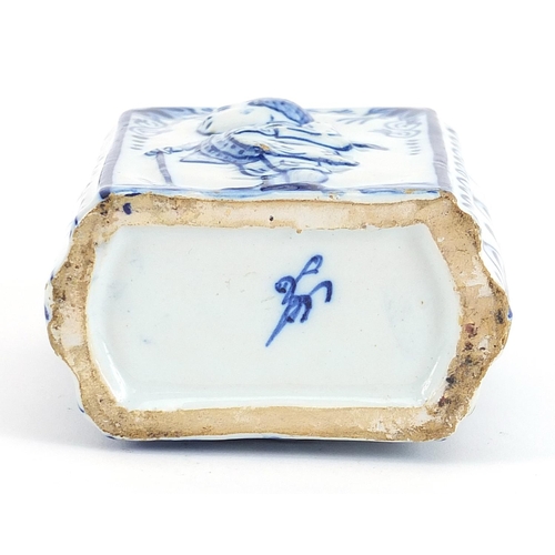 207 - Antique Delft tin glazed tea caddy hand painted and decorated in relief with William and Mary, 11.5c... 