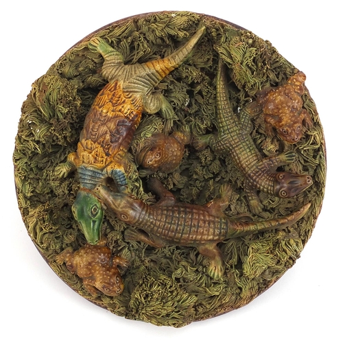 267 - 19th century Portuguese Palissy ware dish with applied lizard, crocodiles and toads, 20.5cm in diame... 