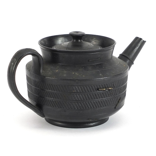 758 - 18th century black basalt teapot and a later plate hand painted with a horn blower, signed M Campbel... 