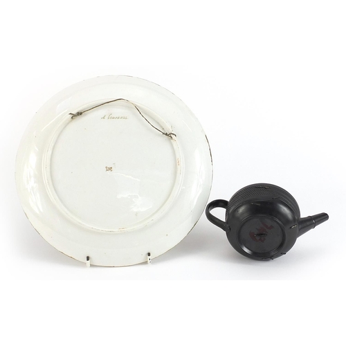 758 - 18th century black basalt teapot and a later plate hand painted with a horn blower, signed M Campbel... 